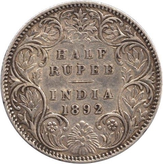 Silver Half Rupee Coin of Victoria Empress  of  Bombay Mint of 1892.