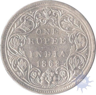 Silver One Rupee Coin of  Victoria Queen of  Bombay Mint of 1862.