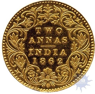 Gold Two Annas Coin of Victoria Queen of Bombay Mint of 1862 .