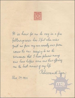 Autograph of  Rabindra Nath Tagore of Nobel Prize winner.