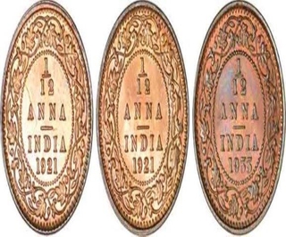 Set of Three Bronze One twelfth Anna of King George V of Calcutta Mint.