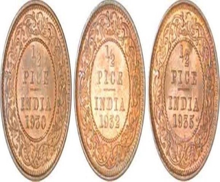 Set of Three Bronze Half Pice of King George V of Calcutta Mint.