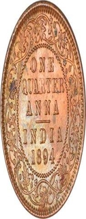 Copper One Quarter Anna of Victoria Empress of Calcutta Mint of 1894.