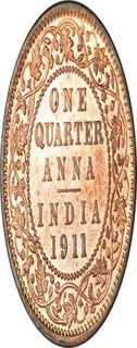 Bronze One Quarter Anna of King George V of Calcutta Mint of 1911.