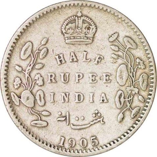 Silver Half Rupee of King Edward VII of Calcutta Mint of 1905.