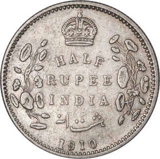 Silver Half Rupee of King Edward VII of Bombay Mint of 1910.