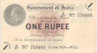 One Rupee Bank Note of King George V Signed by A C McWatters.