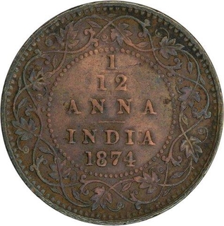 Copper one Twelfth Anna of Victoria Queen of Calcutta Mint of 1874.