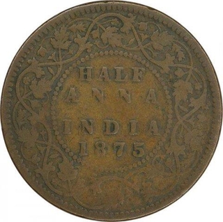 Copper 1/2 Anna of Victoria Queen of Calcutta Mint of 1875.