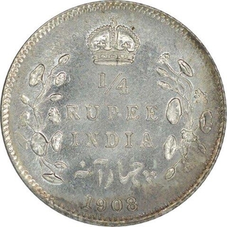 Silver Quarter Rupee of King Edward VII of Calcutta Mint of 1908.