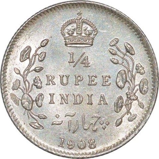 Silver Quarter Rupee of king Edward VII of Calcutta Mint of 1908.