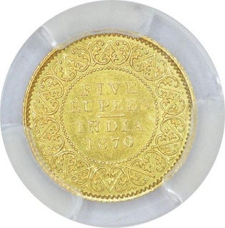 Gold Five Rupees of Victoria Queen of Calcutta Mint of 1870.