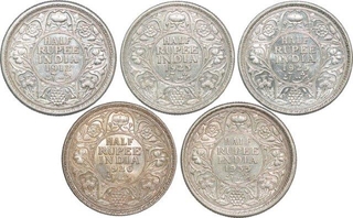 Lot of Five Silver Coins of King George V of Calcutta and Bombay Mint of Different Year.