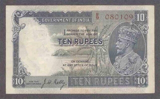 Ten Rupees Bank Note of King George V Signed by J W Kelly of 1933.