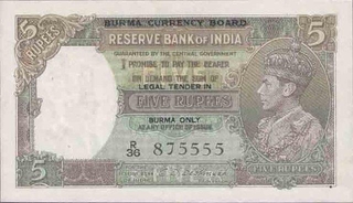 Burma Five Rupees Bank Note of King George VI Signed by C.D. Deshmukh of 1938.