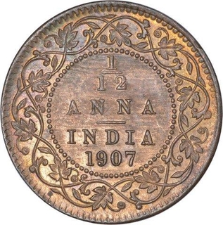 Bronze One Twelfth Anna Coin of King Edward VII of Calcutta Mint of 1907. 