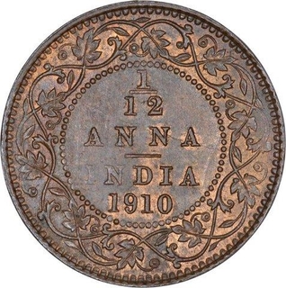 Bronze One Twelfth Anna Coin of King Edward VII of Calcutta Mint of 1910.