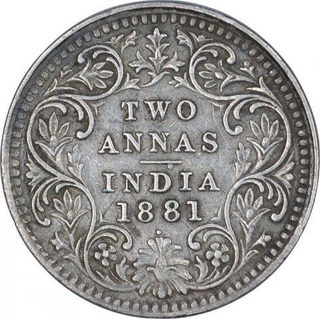 Rare Silver Two Annas Coin of Victoria Empress of Bombay Mint of 1881.