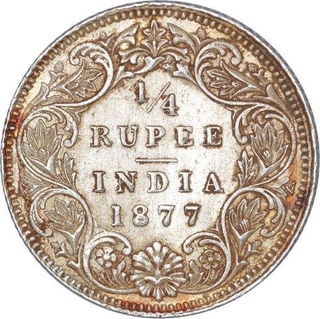 Silver Quarter Rupee Coin of Victoria Empress of Calcutta Mint of 1877.