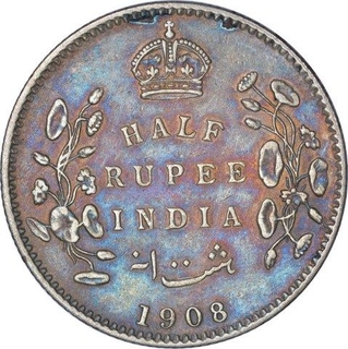 Silver Half Rupee Coin of King Edward VII of Calcutta Mint of 1908.