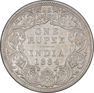 Silver One Rupee Coin of Victoria Empress of Bombay Mint of 1884. 