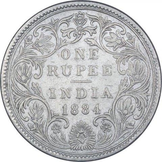 Silver One Rupee Coin of Victoria Empress of Bombay Mint of 1884.  