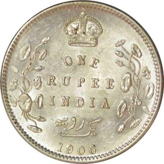 Silver One Rupee Coin of King Edward VII of Calcutta Mint of 1906.