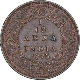 Rare Copper One Twelfth Anna Coin of Victoria Queen of Calcutta Mint of 1875.