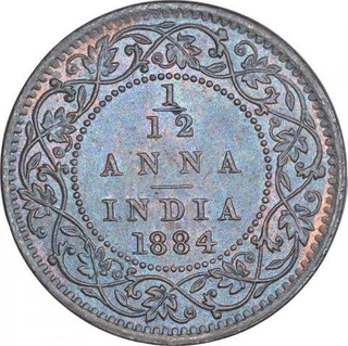 Copper One Twelfth Anna Coin of Victoria Empress of Bombay Mint of 1884.