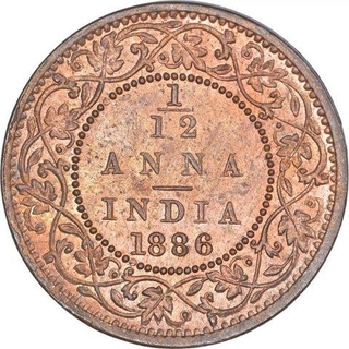 Copper One Twelfth Anna Coin of Victoria Empress of Bombay Mint of 1886.