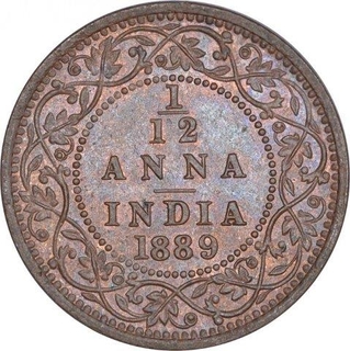 Copper One Twelfth Anna Coin of Victoria Empress of Bombay Mint of 1889.