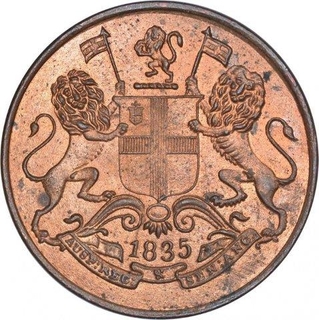 Copper One Quarter Anna Coin of East India Company of Calcutta Mint of 1835.