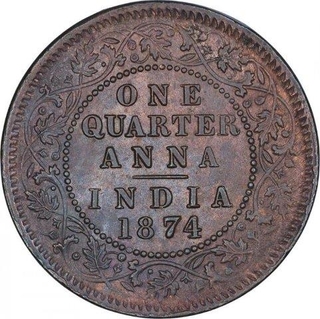 Rare Copper One Quarter Anna Coin of Victoria Empress of Calcutta Mint of 1874.