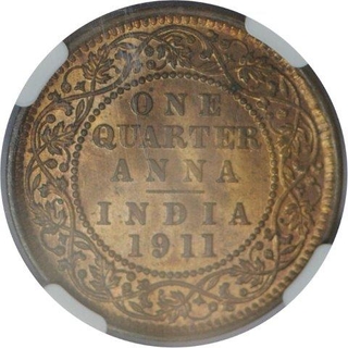 Copper One Quarter Anna Coin of King George V of Calcutta Mint of 1911.