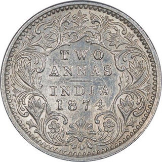 Rare Silver Two Annas Coin of Victoria Queen of Bombay Mint of 1874.  