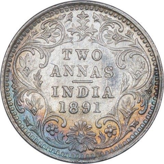 Silver Two Annas Coin of Victoria Empress of Bombay Mint of 1891. 