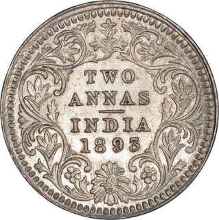 Silver Two Annas Coin of Victoria Empress of Calcutta Mint of 1893.