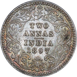 Silver Two Annas Coin of Victoria Empress of Calcutta Mint of 1897. 