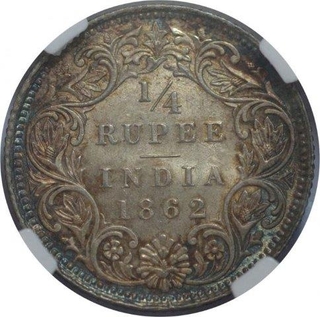 Silver Quarter Rupee Coin of Victoria Queen of Calcutta Mint of 1862.