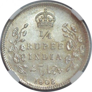 Silver Quarter Rupee Coin of King Edward VII of Calcutta Mint of 1908.