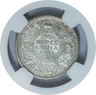 Silver Quarter Rupee Coin of King George V of Calcutta Mint of 1913. 