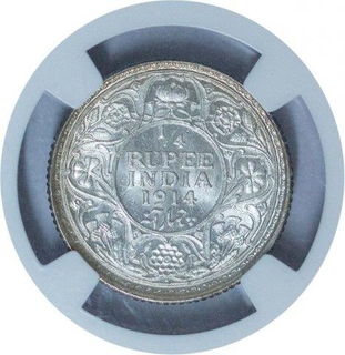 Silver Quarter Rupee Coin of King George V of Bombay Mint of 1914.