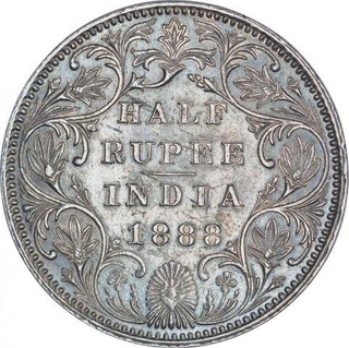 Silver Half Rupee Coin of Victoria Empress of Bombay Mint of 1888.