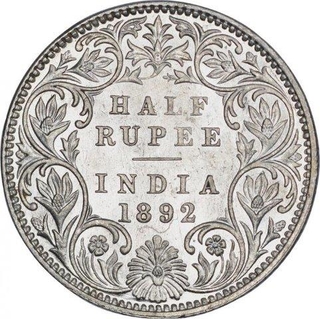 Silver Half Rupee Coin of Victoria Empress of Bombay Mint of 1892.