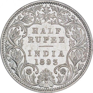 Silver Half Rupee Coin of Victoria Empress of Bombay Mint of 1893.