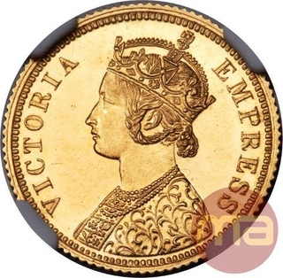 Gold Five Rupees Coin of Victoria Empress of Bombay Mint of 1879.