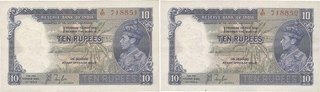 1938 British India Notes of Ten Rupees of King George VI Signed by J B Tylor.