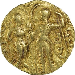 Very Rare Gold Dinar Coin of Samudragupta of Gupta Dynasty of King, Queen and Lion to Right Type.