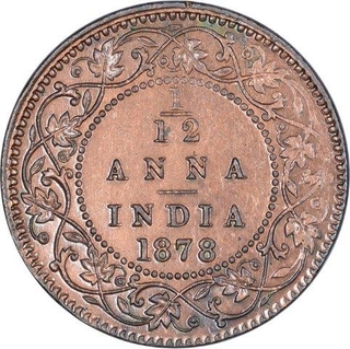 Copper One Twelfth Anna Coin of Victoria Empress of Calcutta Mint of 1878.