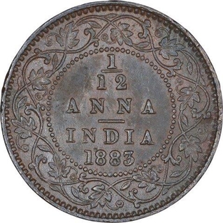 Copper One Twelfth Anna Coin of Victoria Empress of Calcutta Mint of 1883.